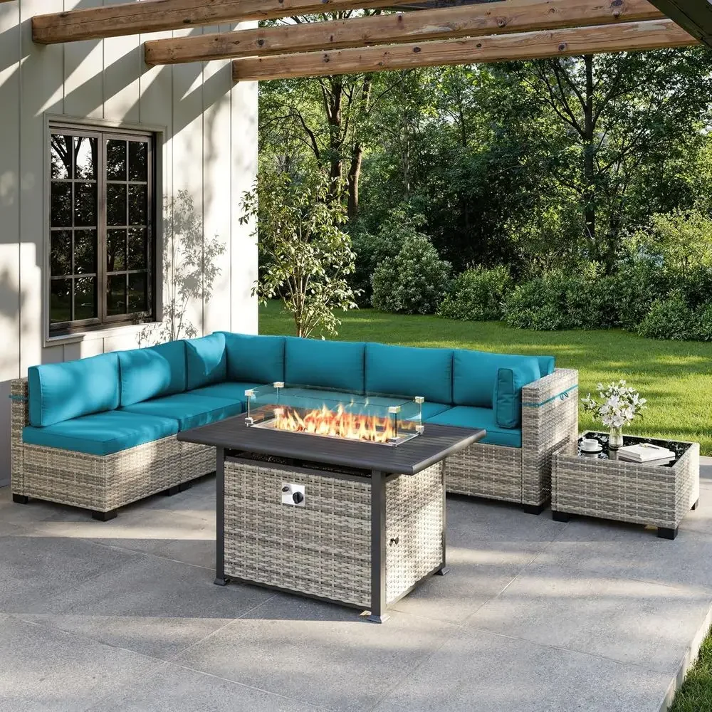 Outdoor Furniture Fire Pit Set - ชุดเฟอร์นิเจอร์สำหรับพื้นที่กลางแจ้ง 8 ชิ้น พร้อมโต๊ะเตาผิงขนาด 55,000 BTU
