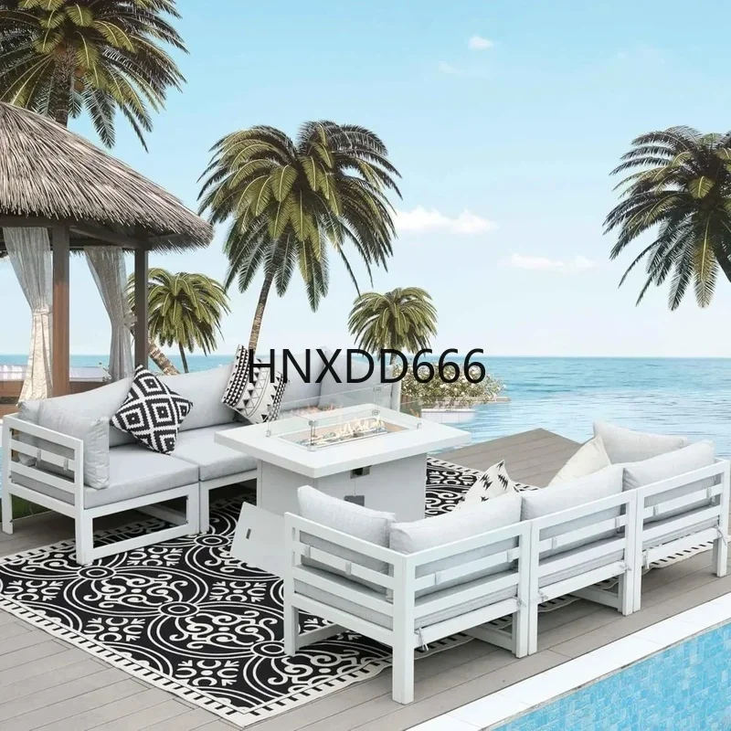 Outdoor Furniture Fire Pit Set - ชุดเฟอร์นิเจอร์อลูมิเนียมสำหรับลานกลางแจ้ง 7 ชิ้น พร้อมโต๊ะเตาผิงแบบปรับเปลี่ยนได้ขนาด 43 นิ้ว