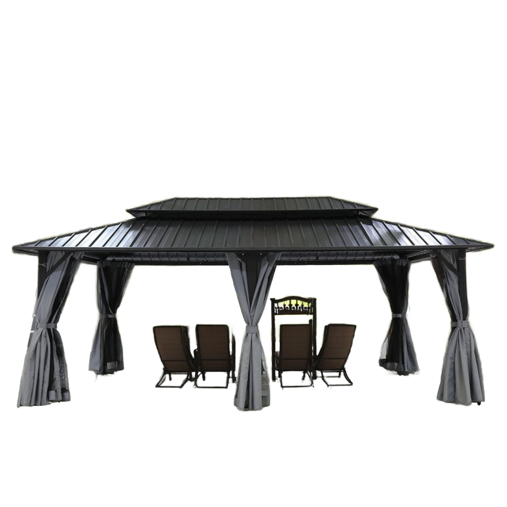 Outdoor Furniture Gazebo - หลังคาโครงอะลูมิเนียมกลางแจ้งและศาลาเพอร์โกลาพร้อมหลังคาโลหะสองชั้นแบบแข็งพร้อมมุ้งกันยุงถาวร เฟอร์นิเจอร์กลางแจ้ง