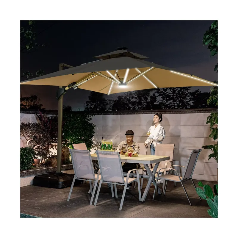 Outdoor Furniture Brand - [ผ้าโพลีเอสเตอร์สำหรับกันแดด 280 กรัม] ชุดเฟอร์นิเจอร์กลางแจ้งยอดนิยมระดับไฮเอนด์ ร่มกันแดดพร้อมไฟพลังงานแสงอาทิตย์แบบกำหนดเองได้