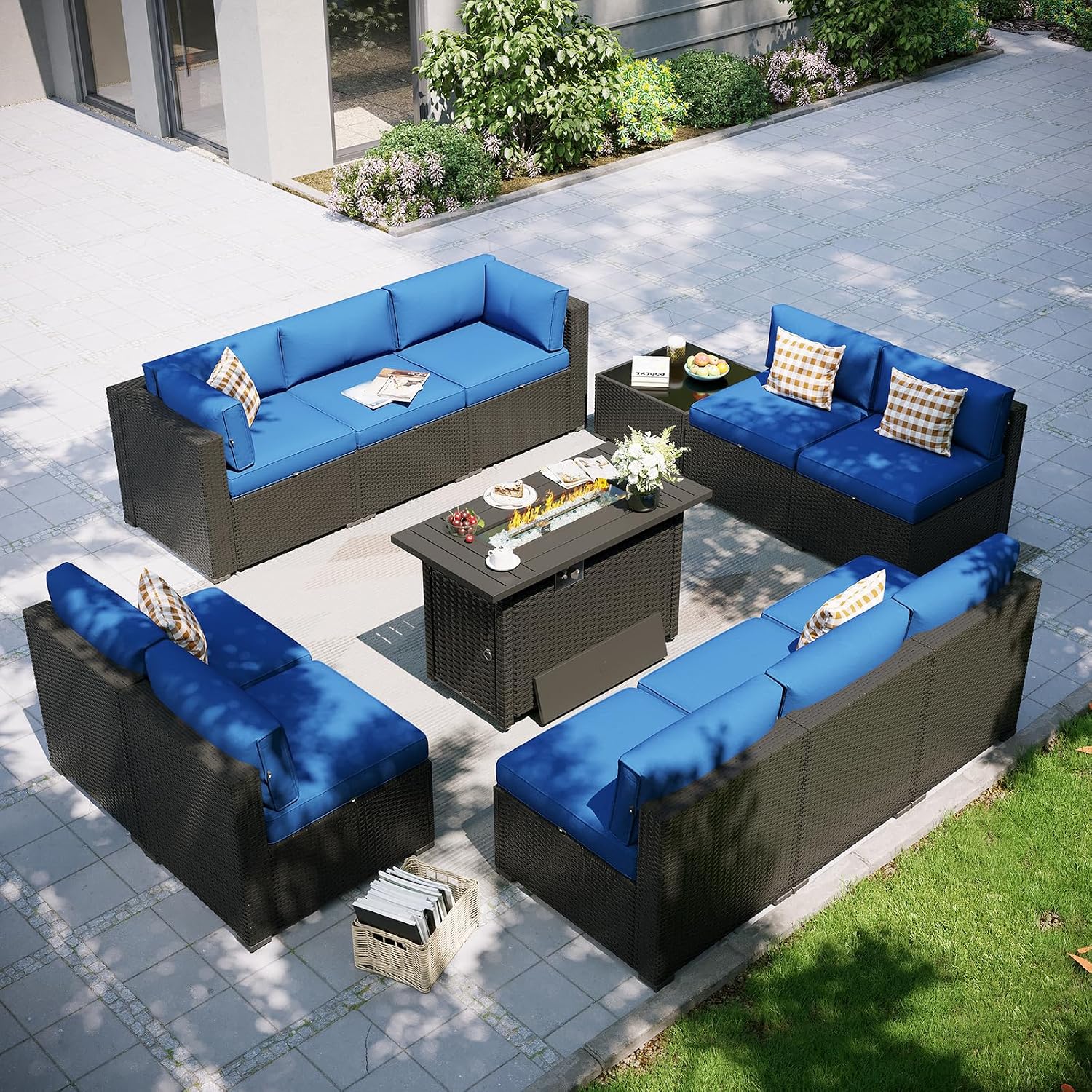 Outdoor Furniture Fire Pit Set - ชุดเฟอร์นิเจอร์สำหรับพื้นที่กลางแจ้ง พร้อมโต๊ะสำหรับวางเตาผิง, ชุดโซฟาสำหรับกลางแจ้งแบบแยกส่วน 12 ชิ้น, เฟอร์นิเจอร์หวายสำหรับกลางแจ้ง