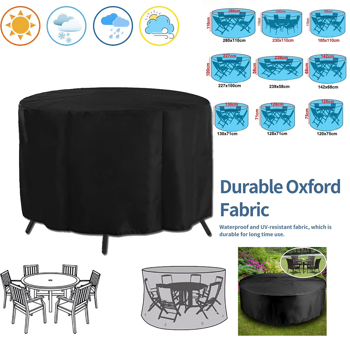 Outdoor Furniture Varnish - ผ้าคลุมเฟอร์นิเจอร์ทรงกลมสำหรับกลางแจ้ง ผ้าคลุมกันน้ำแบบ Oxford ป้องกันเฟอร์นิเจอร์จากฝน หิมะ และฝุ่น