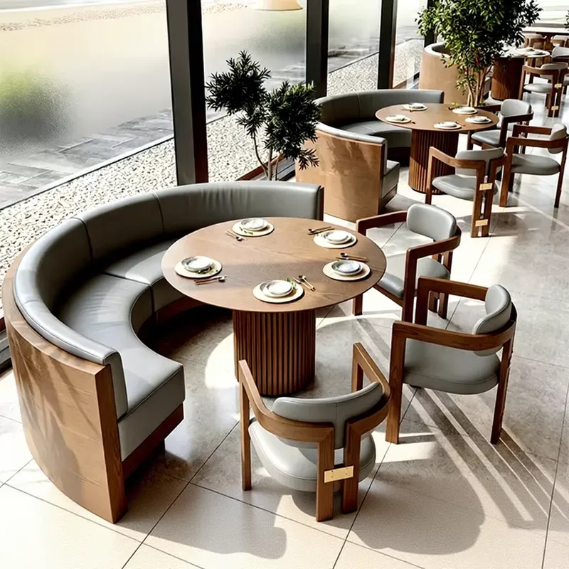 Outdoor Furniture Uk - เฟอร์นิเจอร์ร้านอาหารกลางแจ้งสไตล์โมเดิร์นขายดี โซฟาบูธครึ่งวงกลมพร้อมโต๊ะกลมและชุดเก้าอี้ไม้ 6 ที่นั่ง