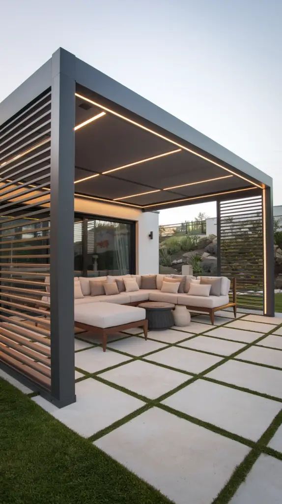 Outdoor Furniture Gazebo - เฟอร์นิเจอร์กลางแจ้งสมัยใหม่ ศาลาบิโอไคลเมติก หลังคาบังแดดแบบพับเก็บได้ ศาลาหลังคาบานเกล็ดปรับได้ ศาลาอลูมิเนียมสำหรับสวนหลังบ้าน พร้อมไฟ