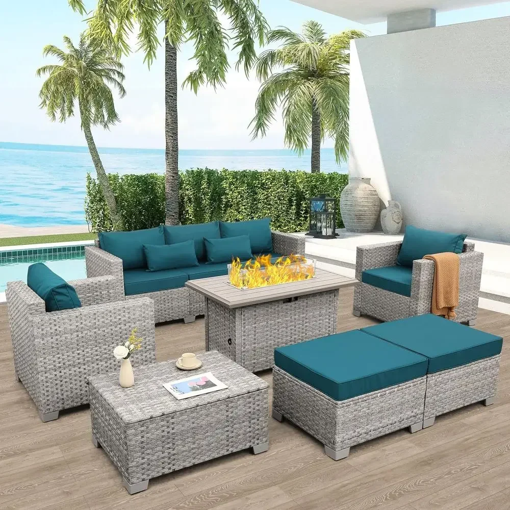 Outdoor Furniture Fire Pit Set - ชุดเฟอร์นิเจอร์หวายเทียมสีเทาสำหรับใช้ภายนอกอาคาร 6 ชิ้น ประกอบด้วยโซฟา, โซฟาเข้ามุม, โต๊ะสำหรับวางเตาผิง