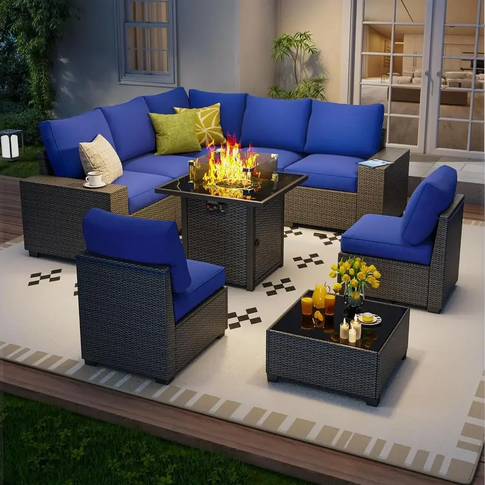 Outdoor Furniture Fire Pit Set - ชุดเฟอร์นิเจอร์สำหรับพื้นที่กลางแจ้ง 9 ชิ้น ประกอบด้วยโต๊ะสำหรับวางเตาผิง, โซฟาแบบแยกส่วน, โครงทำจากหวายเทียม,