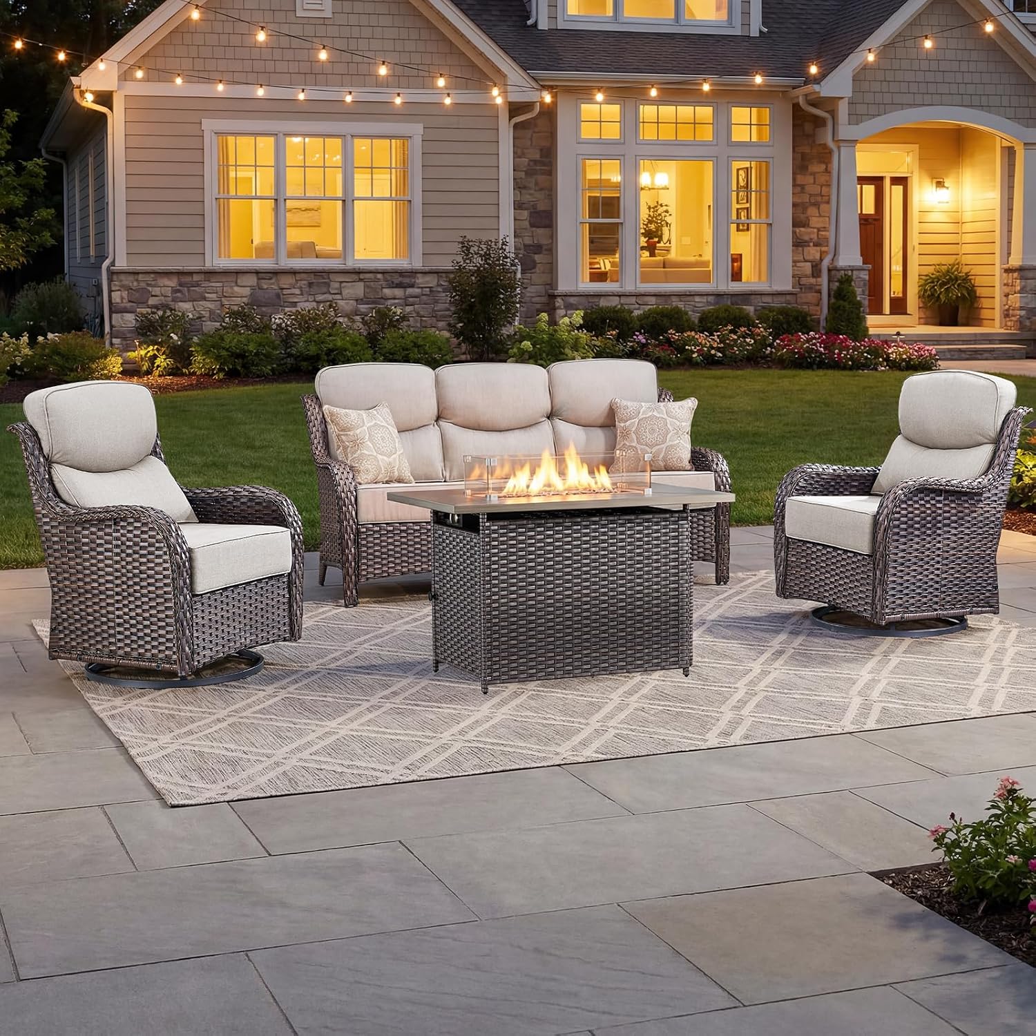 Outdoor Furniture Fire Pit Set - ชุดเฟอร์นิเจอร์สำหรับพื้นที่พักผ่อนกลางแจ้งสุดหรู พร้อมเบาะหนา 6 นิ้ว, เฟอร์นิเจอร์กลางแจ้งพร้อมโต๊ะสำหรับวางเตาผิง, เก้าอี้หมุนได้,