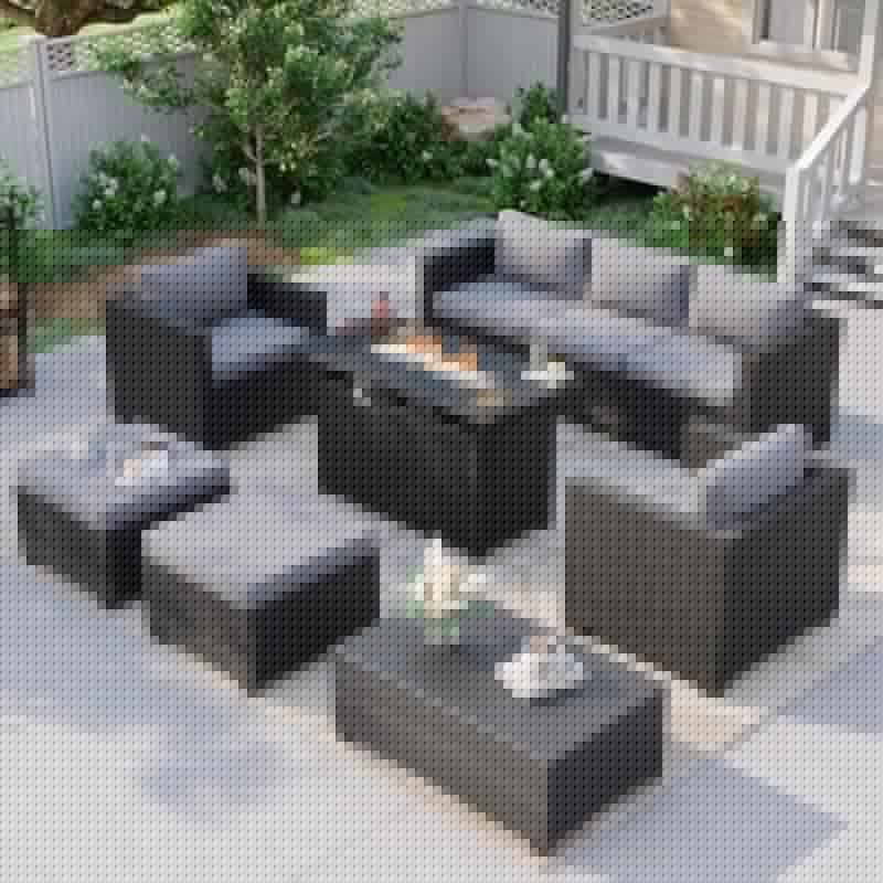 Outdoor Furniture Fire Pit Set - ชุดโซฟาเข้ามุมสำหรับใช้ภายนอกอาคาร พร้อมโต๊ะที่มีเตาผิงในตัว ชุดเฟอร์นิเจอร์หวายสีเทาสไตล์โมเดิร์น 7 ชิ้น พร้อมที่นั่งที่ออกแบบตามหลักสรีรศาสตร์