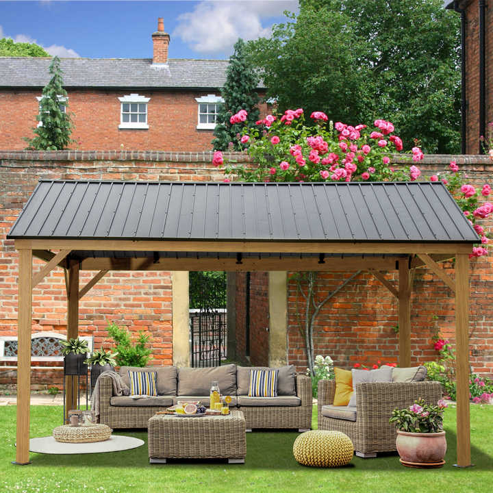 Outdoor Furniture Gazebo - ศาลาโครงอะลูมิเนียมสำหรับกลางแจ้ง หลังคาเหล็กชุบสังกะสี หลังคาไม้เคลือบผิว ศาลาหลังคาแข็งแบบถาวรสำหรับเฟอร์นิเจอร์กลางแจ้ง