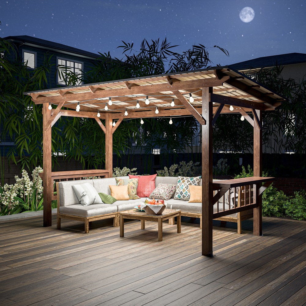Outdoor Furniture Gazebo - ศาลาไม้สไตล์โมเดิร์นขนาด 13' x 6.5' พร้อมหลังคาโลหะ ไฟ